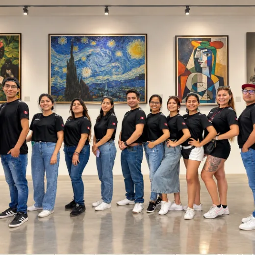Equipo de jóvenes con polos negros frente a pinturas en una sala de exposición
