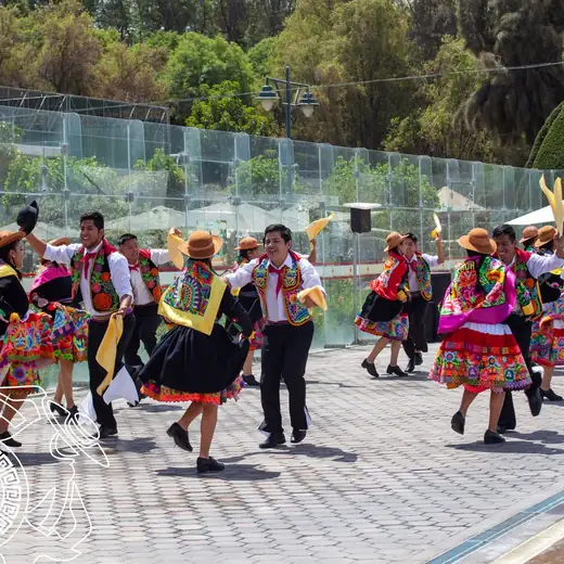 Elenco bailando en una terraza junto a una piscina