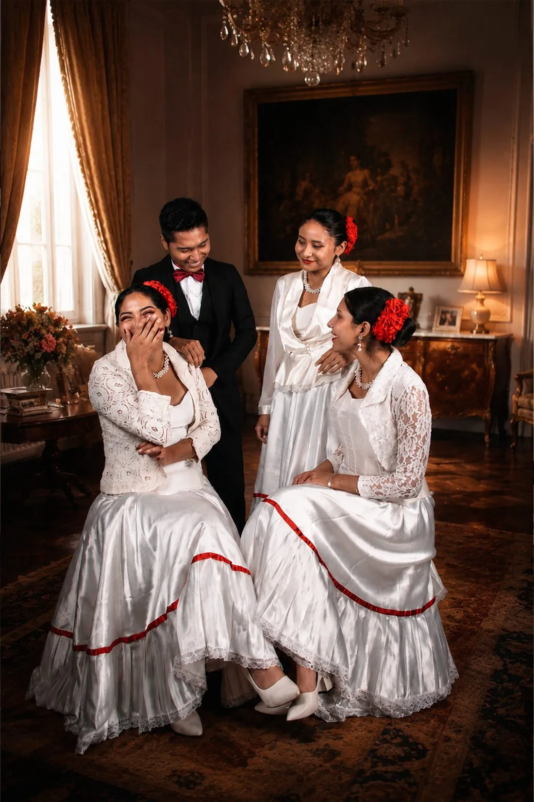 Bailarines con vestuario tradicional peruano en un salón de época